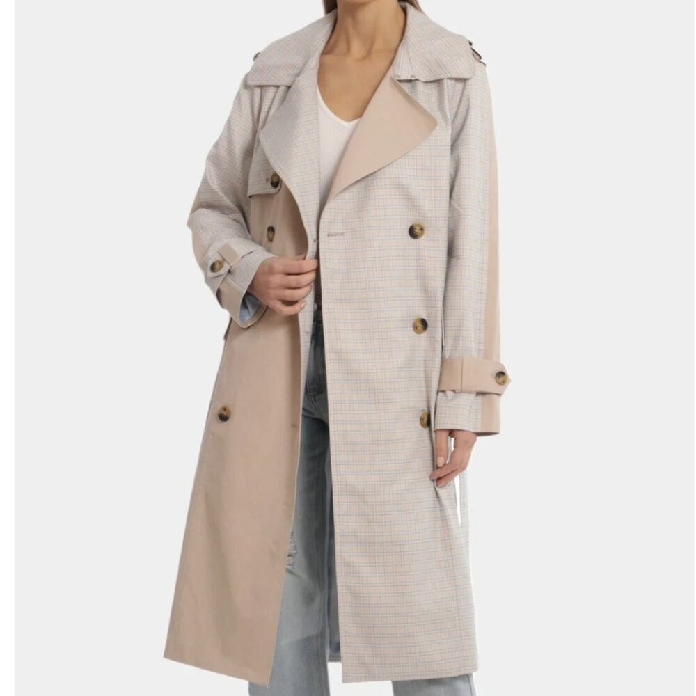 Avec Les Filles women XS color block raglan trench coat mixed media belted plaid - Picture 2 of 12